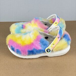 Crocs Fur Sure Classic Tie Dye Furry Clogs Womens 8 Yellow Pink Blue Fuzzy